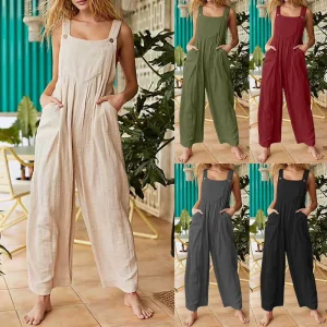Women’s Summer Casual Overalls Loose Wide Leg Jumpsuits Linen Rayon Floral Printed Rompers With Pockets Women