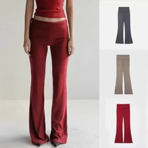 Women’s Summer Casual Pants Low Waist Spicy Girl Stretch Knit Flare Long Pants Floor Length Trousers