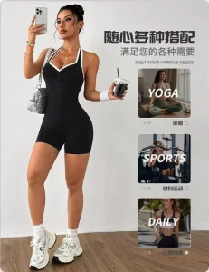 Women’s Summer Casual Peach Butt Workout Monokini Halter Neck Seamless Quick Dry Fitness Jumpsuit Solid Yog Romper Contrast