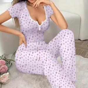 Women’s Summer Casual Sleepwear Loungewear Short Sleeve Long Pants Pajama Set Sexy Nightwear