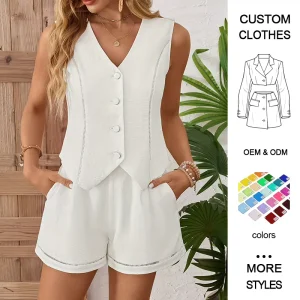 Women’s Summer Casual Solid Cotton V neck Sleeveless Suit Vest and Shorts Two piece Set
