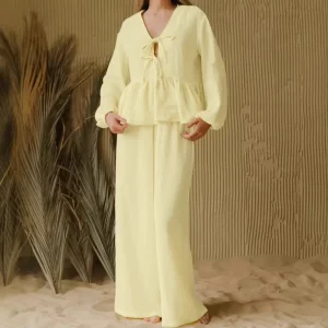 Women’s Summer Casual Solid Short Sleeve Breathable Elegant Loungewear Lace Up Pyjamas Set Ruffled Sleepwear 100% Cotton Pajama