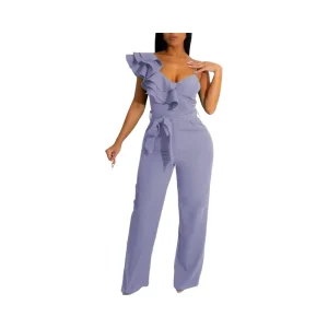 Women’s Summer Casual V Neck Sleeveless Romper Sexy Backless Belted Wide Leg Pant for Party Clubwear Digital Jumpsuits Playsuits