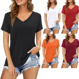 Women’s Summer Casual V-Neck T-Shirt Solid Color Loose Fit Plus Size Knitted Top