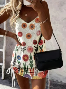 Women’s Summer Casual V-neck Straight Camisole Dress Natural Waistline Knee-Length Graffiti-style Colorful Floral Prints ODM