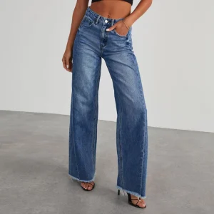 Women’s Summer Casual Vintage High-Waisted Slightly Stretch Straight-Leg Jeans with Washed Wide-Leg Design Daily Wear