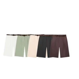 Women’s Summer Casual Woven Straight High Waist Zipper Fly Shorts with Belt