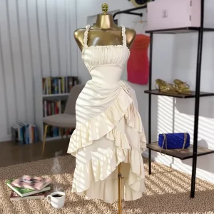 Women’s Summer Collarless Anti Static Sweet Fresh Spaghetti Strap High Waist Slimming Ruffled Hem Solid Office Lady Party Long