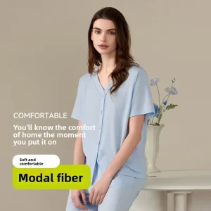 Women’s Summer Cotton Modal Loungewear French Style V neck Breathable Pajama Set Short Sleeves Long Pants Cardigan