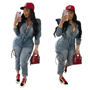 Women’s Summer Denim Stretch Jumpsuits Long Sleeve Elastic Waist Cargo Jeans Rompers Zipper Pocket One Pieces