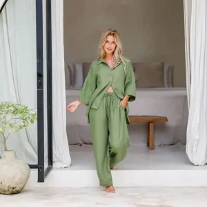 Women’s Summer Elegant Breathable 100% Linen Pajama Set with Long Sleeves Casual Loungewear