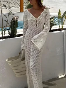 Women’s Summer Elegant Casual Knitted V-Neck Hollow-Out Mermaid Silhouette Maxi Dress Long Sleeve