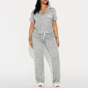 Women’s Summer Embroidered Pajamas Set Short Sleeve Top & Long Pants 2 Piece Loungewear Stylish Home Wear for Outdoor Wearing