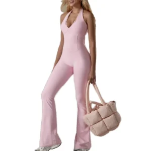 Women’s Summer Fashion Casual Pink Sleeveless Backless Jumpsuit Halter Solid Full Length One Piece Romper Spandex Nylon