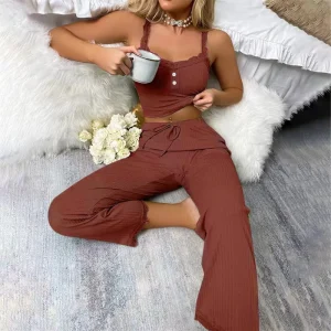 Women’s Summer Fashion Solid Pattern Loungewear Set Sleeveless Ribbed Camisole Short Lace Top Pajamas for Women