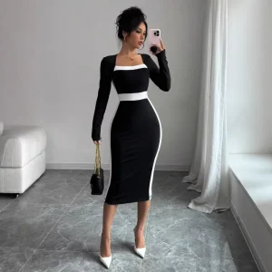 Women’s Summer Fashionable Elegant Slim fit Square neck Long sleeve Hip hugging Color blocking Patchwork