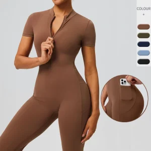 Women’s Summer Flare Leg Workout Jumpsuit Half Zip Short Sleeve Yoga Romper Stretchy Athletic One Piece Bodysuit for Fitness