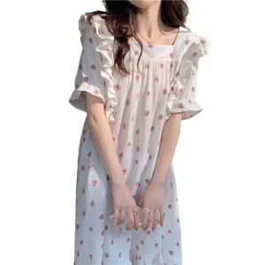 Women’s Summer Floral Pajamas Square Collar Short Sleeve Home Comfort Dresses with Ruched Decoration Manufacturers