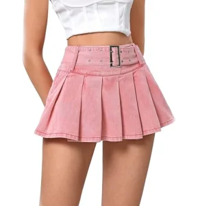 Women’s Summer High Waist Pink Denim Mini Pleated Skirt Belted Waist