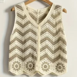 Women’s Summer Hollow Out Geometric Floral Pattern Sleeveless Sweater Handmade Crochet Knitted Vest for Daily