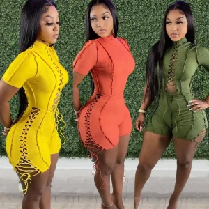 Women’s Summer Jumpsuit Sexy Bow Short Sleeve Side Bandage Back Zipper Solid Color Romper Design for Individual Fitness