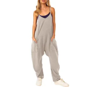 Women’s Summer Knitted Breathable Fashion High Waist Harem Jumpsuit Casual Spaghetti Strap Loose Romper Halter Collar Yoga Solid