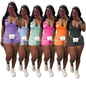 Women’s Summer Knitted Sleeveless V Neck Short Jumpsuit Street Style Sexy One Piece Romper Gym Fit Washed Casual Style