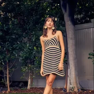 Women’s Summer Knitted Slip Dress Striped Beach Casual Bodycon with Natural Waistline Viscose Plain Dyed