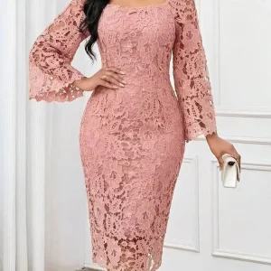 Women’s Summer Lace Embroidered Floral Elegant Backless Bodycon Tea Length Batwing Sleeve Party Casual Dress