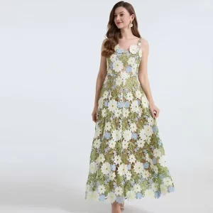 Women’s Summer Lace Floral Embroidered Modern Elegant Scoop Neck Tea Length A Line Dress for Sleeveless Party Casual