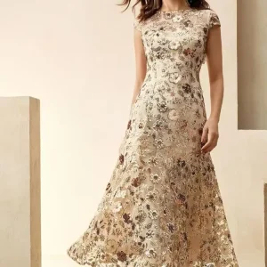 Women’s Summer Lace Floral Modern Elegant Tea-Length Dress for Sleeveless Scoop Neck Party Formal Mermaid Silhouette
