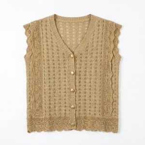 Women’s Summer Lightweight Vintage Knitted Crewneck Sleeveless Top, Simple Solid Color with Breathable Hollow Design