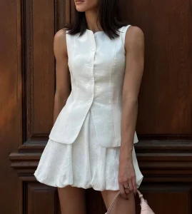 Women’s Summer Linen Blend Coord Set Camisole & Blossom Hem Skirt For Effortless European Style 2 Pieces Sets