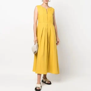 Women’s Summer Linen Cotton Solid Ruffles O Neck Sleeveless Midi Loose Fit Pleated Anti Wrinkle Breathable Casual Dress