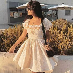 Women’s Summer Linen Swing Dress with Puff Sleeve Ruffles and Floral Dot Print