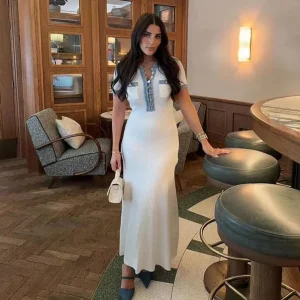 Women’s Summer Long Knit Dress Denim Patchwork Button Tight Short Sleeves Simple Solid Pattern Fashion Dropshipping New Arrival
