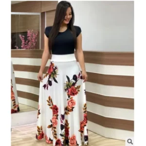 Women’s Summer Maxi Dress With Slim Long Sleeves O Neck Floral Printed Casual Dress for Girls Natural Waistline