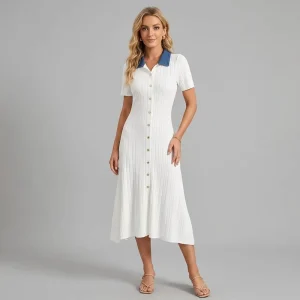 Women’s Summer Midi Knit Dress Elegant Office Lady Slim Fit Viscose Sweater Dress Breathable Casual Short Sleeve Dress