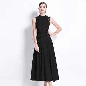Women’s Summer Modern Lace Elegant Tea-Length Halter Neck High Waist Sleeveless A-Line Silhouette 100% Polyester Dress