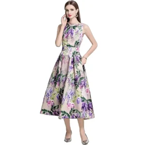 Women’s Summer Modern Tea Length A Line High Waist Illusion Elegant Sleeveless Scoop Neck Cocktail Party Dress with Flowers