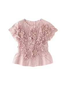 Women’s Summer New Elegant Commute T shirt Designer Handmade Pleated Flower Slim Fit Short Sleeve Top