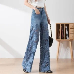 Women’s Summer New Style Fashionable Temperament Versatile Lace Denim Straight Leg for Wash Jeans