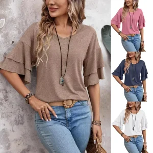 Women’s Summer New Style Pure Color V-Neck Double-Layer Sleeve Loose T-Shirt Short-Sleeve Women’s Clothing