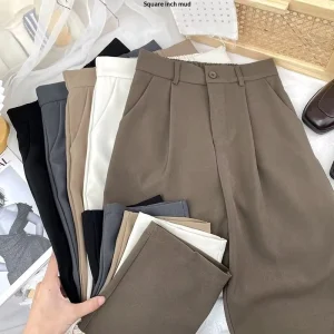 Women’s Summer Nylon/Cotton Anti-Wrinkle High Waist Casual Straight Loose Drape Suit Pants Cross-border for One-item