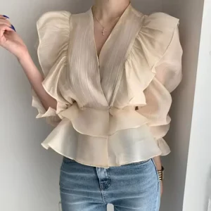 Women’s Summer O-Neck Casual Blouse Top with Embroidery Vintage Ruffles Breathable Chiffon Shirts
