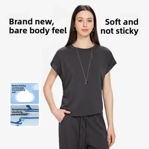 Women’s Summer O-Neck Short-sleeved Slim-fit Nylon Breathable Moisture Wicking T-shirt Home Outwear Casual