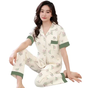 Women’s Summer Pajamas With Floral Print Short sleeve Top And Long Pants Plus Size Loungewear