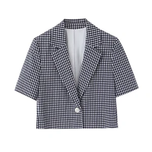 Women’s Summer Plaid Single Button Short Sleeve Blazer Print Breathable Jacket