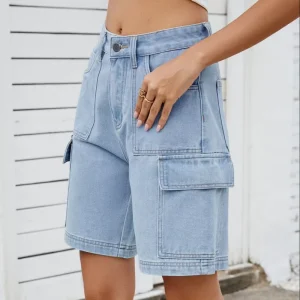 Women’s Summer Plus Size Casual Light Blue Denim Shorts Breathable Knitted Mid Waist Straight Style 100% Cotton Distressed