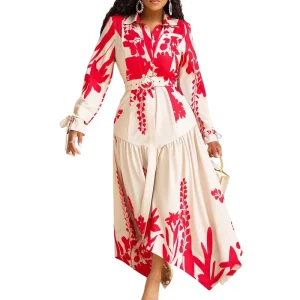 Women’s Summer Plus Size Dress Long Sleeved Irregular Loose Fit Printed Lapel Digital Printing Washable Natural Waistline